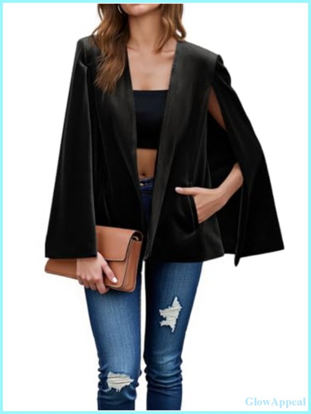Velvet Cape Blazer Split Long Sleeve Open Front Business Jacket